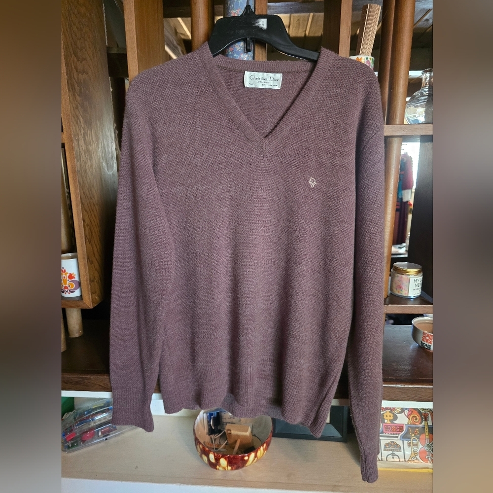 Vintage Christian Dior Monsieur Sweater Light Brown  Mens Knit V Neck Medium